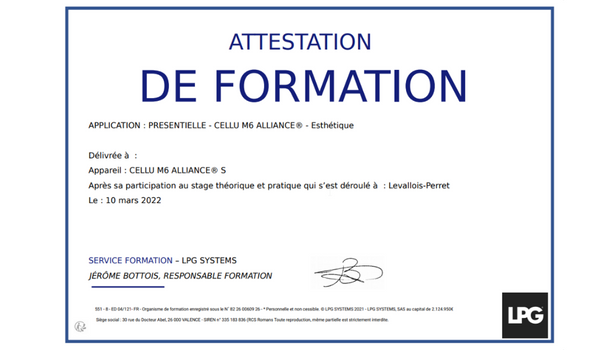 Attestation de Formation LPG endermologie